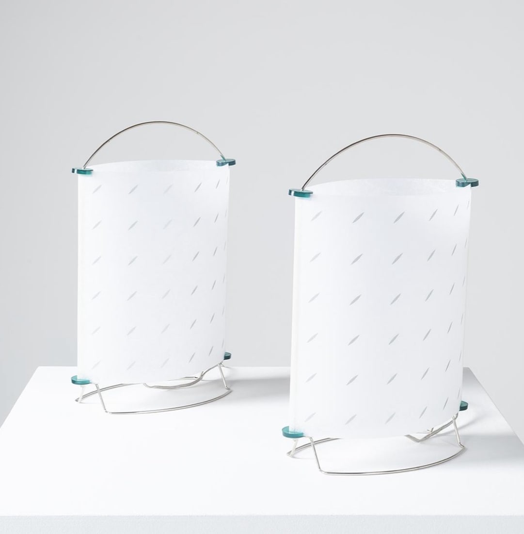 Masanori UMEDA (b. 1941) Be Andon Pair of lamps Chromed metal, plastic and Washi paper Model n?S2473: Masanori UMEDA (b. 1941) Be Andon Pair of lamps Chromed metal, plastic and Washi paper Model n?S2473 Yamagiwa edition Creation date: 1996 H42 W28 D13 cm These Be Andon lamps by Masanori Umeda reveal