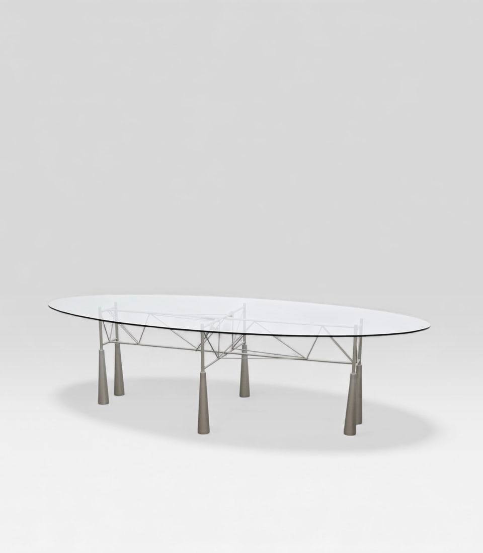 Elliott Littmann Lybra Table Steel and glass Edition Dr?ade Creation date: circa 1990 H72 W270 D120: Elliott LittmannLybraTableSteel and glassEdition Dr?adeCreation date: circa 1990 H72 W270 D120 cmThe Lybra table is designed by Elliott Littman for Driade with a silver gray painted steel structure.