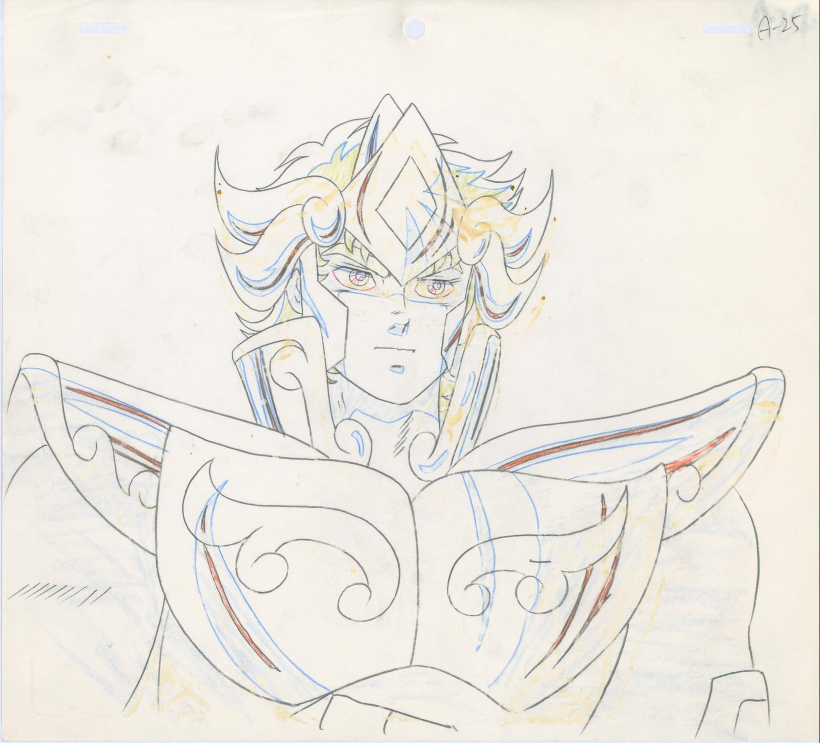 Saint Seiya Aiolia of Leo Artwork created with graphite and colored pencils used in the production: Saint SeiyaAiolia of LeoArtwork created with graphite and colored pencils used in the production of the anime based on the manga by Masami Kurumada and Shingo Araki. Produced by Toei Animation1986–1