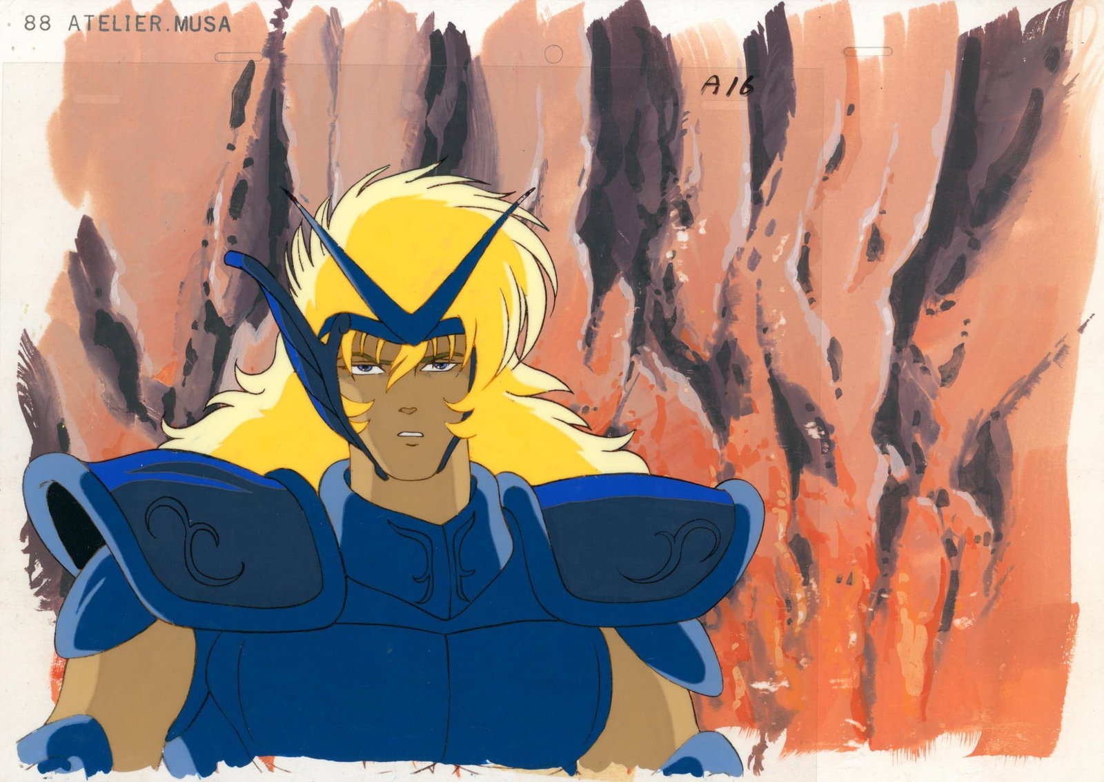 Saint Seiya Albior Hand-painted celluloid sheet used in the production of the anime based on Masami: Saint SeiyaAlbiorHand-painted celluloid sheet used in the production of the anime based on Masami Kurumada’s work - Shingo Araki. Executed in ink and gouache on an original gouache background.Produc