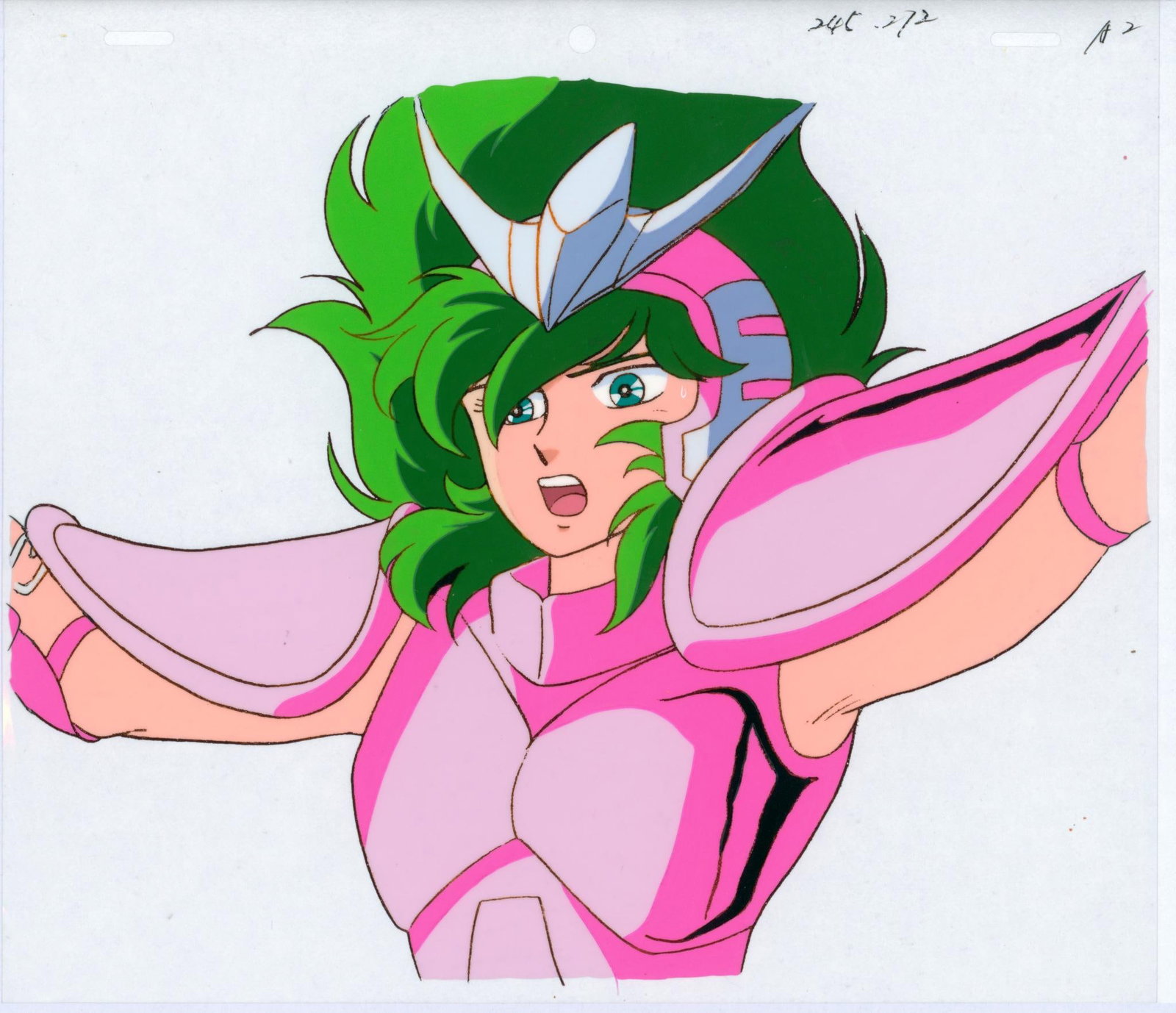 Saint Seiya Shun of Andromeda Hand-painted celluloid sheet used in the production of the anime,: Saint SeiyaShun of AndromedaHand-painted celluloid sheet used in the production of the anime, featuring original gouache backgrounds based on artwork by Masami Kurumada - Shingo Araki. Executed in ink