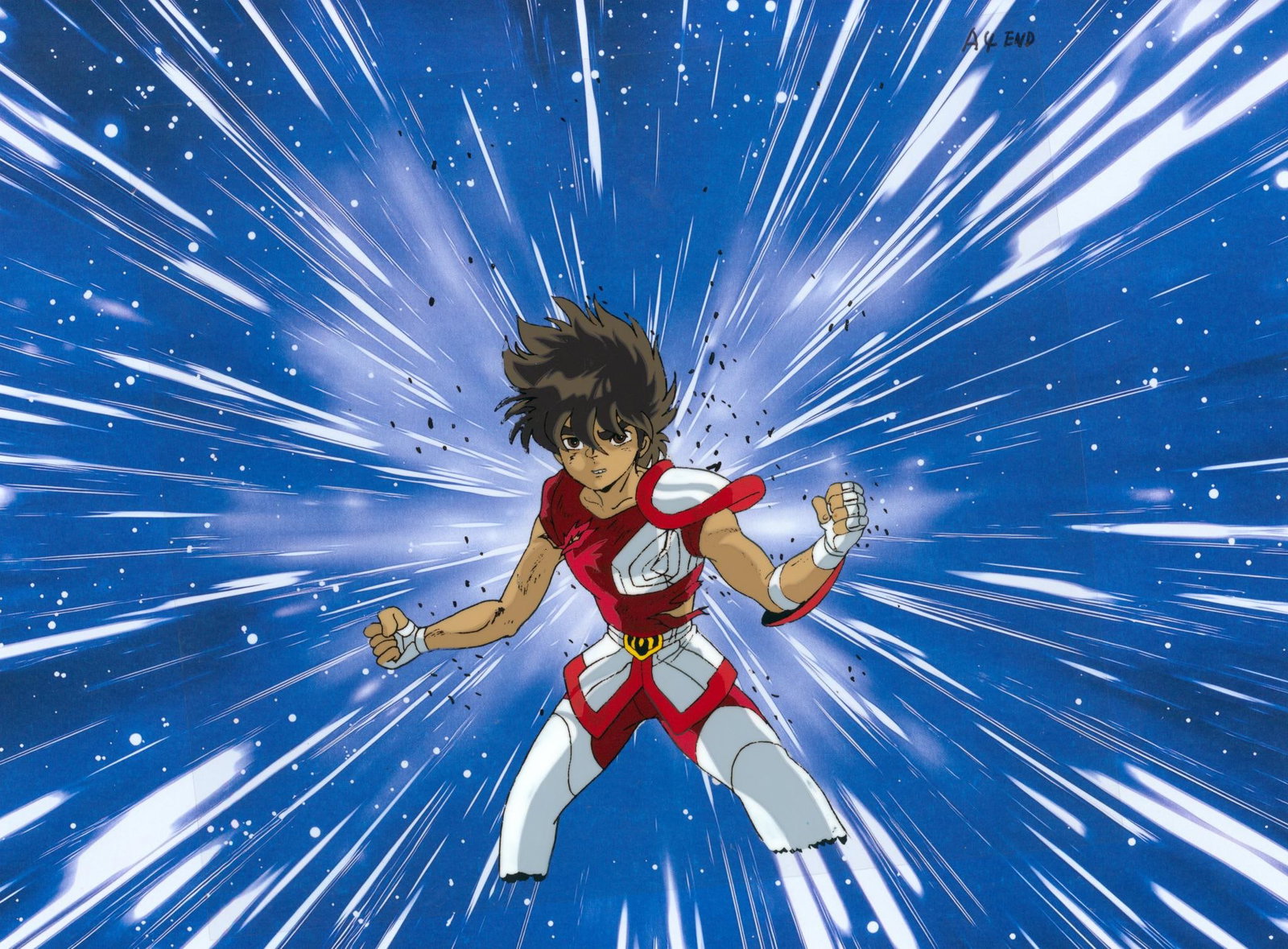 Saint Seiya Episode 73 Seiya of Pegasus Hand-painted celluloid sheet used in the production of the: Saint SeiyaEpisode 73Seiya of PegasusHand-painted celluloid sheet used in the production of the anime based on the work of Masami Kurumada - Shingo Araki. Executed in ink and gouache on a printed back