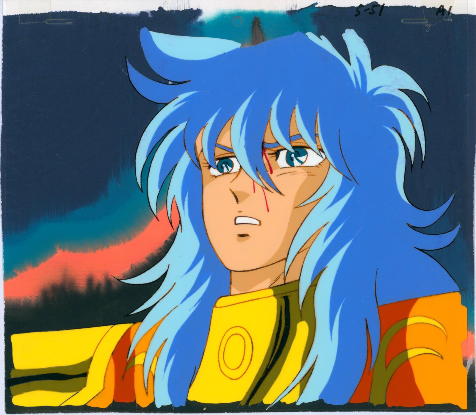 Saint Seiya Julian Solo Poseidon Hand-painted celluloid sheet used in the production of the anime: Saint SeiyaJulian Solo PoseidonHand-painted celluloid sheet used in the production of the anime based on Masami Kurumada - Shingo Araki. Executed in ink and gouache on an original gouache background. 