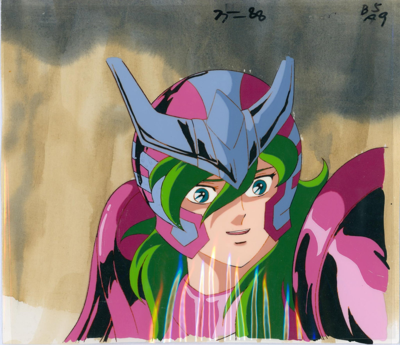 Saint Seiya Shun of Andromeda Hand-painted celluloid sheet and accompanying background used in the: Saint SeiyaShun of AndromedaHand-painted celluloid sheet and accompanying background used in the production of the anime, featuring original gouache scenery based on artwork by Masami Kurumada and Shi