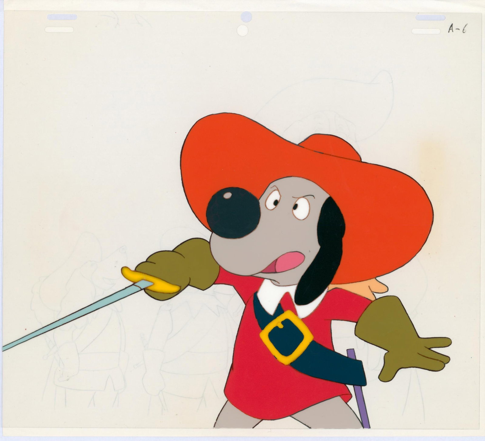 The Three Musketeers D’Artagnan Hand-painted celluloid sheet used in the production of the: The Three MusketeersD’ArtagnanHand-painted celluloid sheet used in the production of the animated series D’Artagnan and the Three Musketeers, based on Claudio Biern Boyd’s adaptation of Alexandr