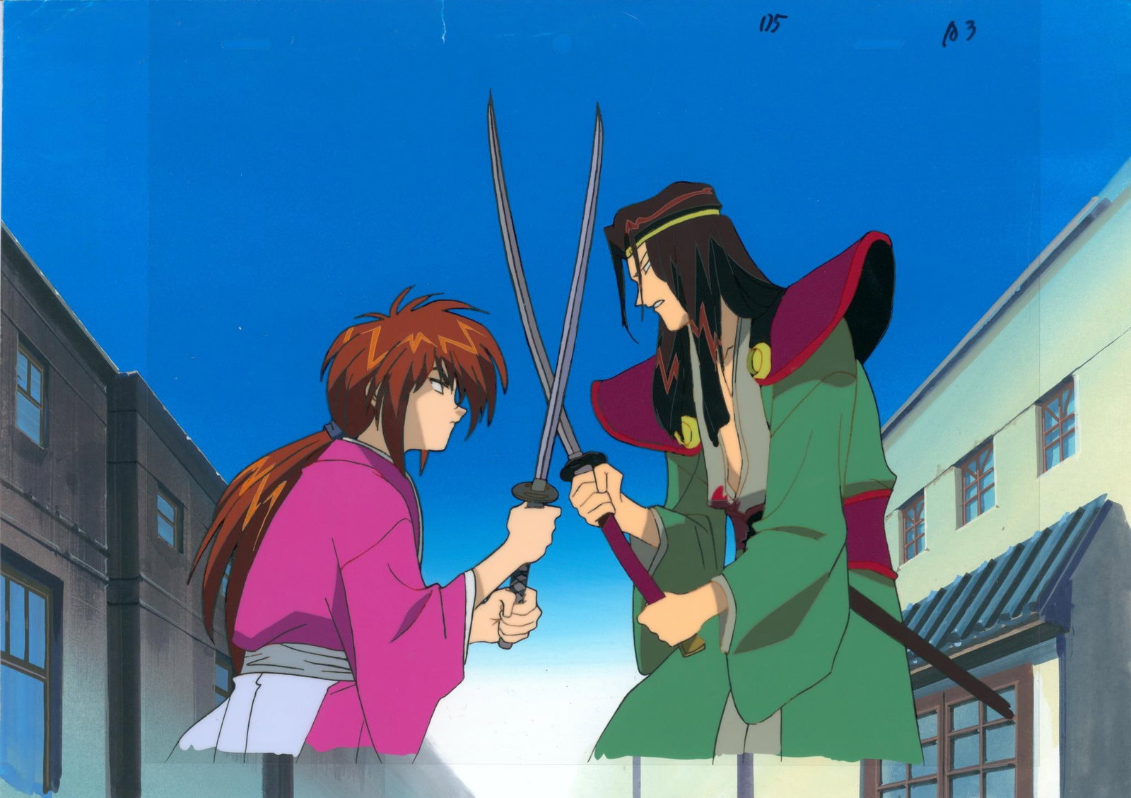 Rurouni Kenshin Kenshin Himura and Shogo Amakusa Original ink and gouache cel used in the: Rurouni Kenshin Kenshin Himura and Shogo Amakusa Original ink and gouache cel used in the production of the anime based on the work of Nobuhiro Watsuki. Accompanied by a printed background Produced by
