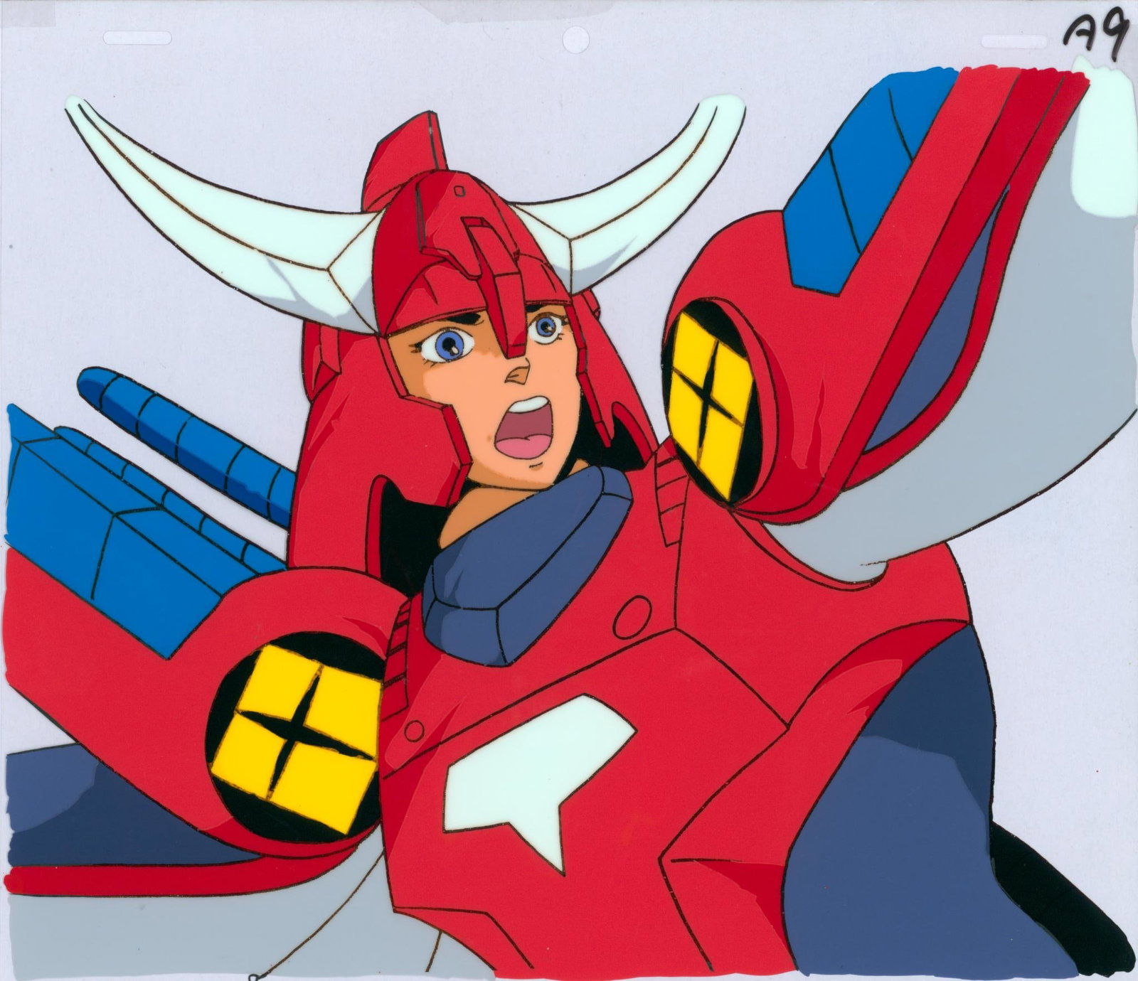 The Samurai of the Eternal (Samurai Troopers) Ryo Sanada Painted celluloid sheet for the anime based: The Samurai of the Eternal (Samurai Troopers)Ryo SanadaPainted celluloid sheet for the anime based on Hajime Yatate. Executed in ink and gouacheProduced by Sunrise1988–1989, JapanH23 L26 cm