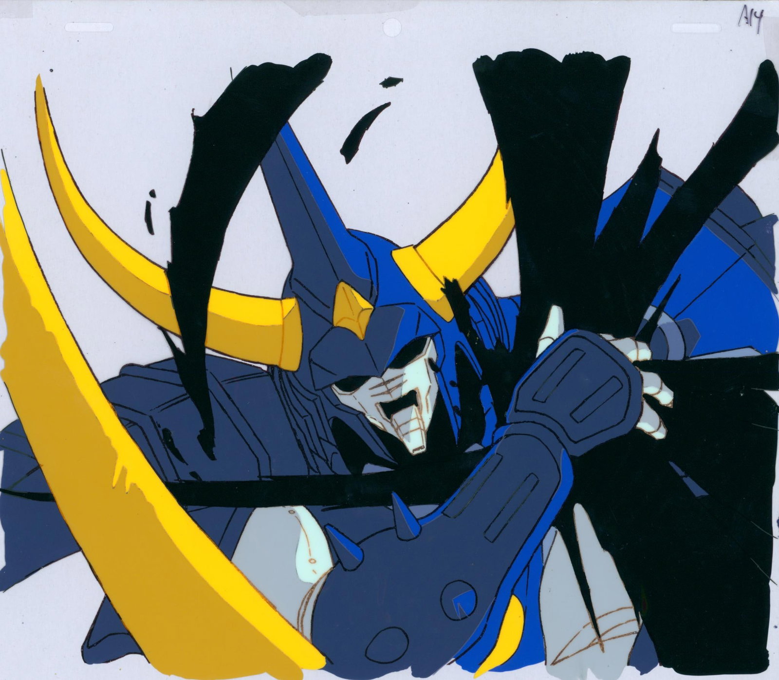 The Samurai of the Eternal (Kai-den Samurai Trooper) Rowen Hashiba Painted celluloid sheet for the: The Samurai of the Eternal (Kai-den Samurai Trooper)Rowen HashibaPainted celluloid sheet for the anime based on Hajime Yatate. Executed in ink and gouacheProduced by Sunrise1988–1989, JapanH23 L26 c