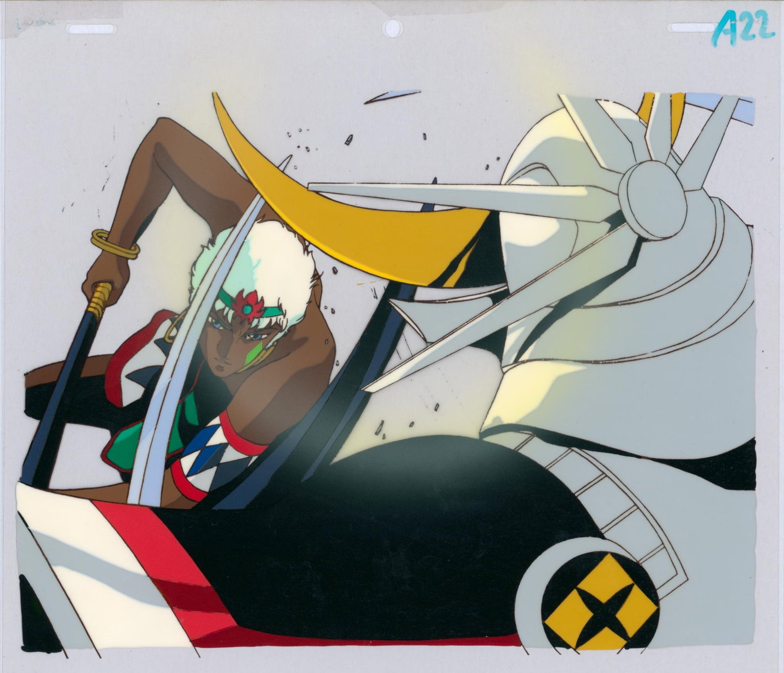 The Samurai of the Eternal (Samurai Troopers) Mukala Painted celluloid sheet for the anime based on: The Samurai of the Eternal (Samurai Troopers)MukalaPainted celluloid sheet for the anime based on Hajime Yatate. Executed in ink and gouacheProduced by Sunrise1988–1989, JapanH23 W26 cmThe compositi