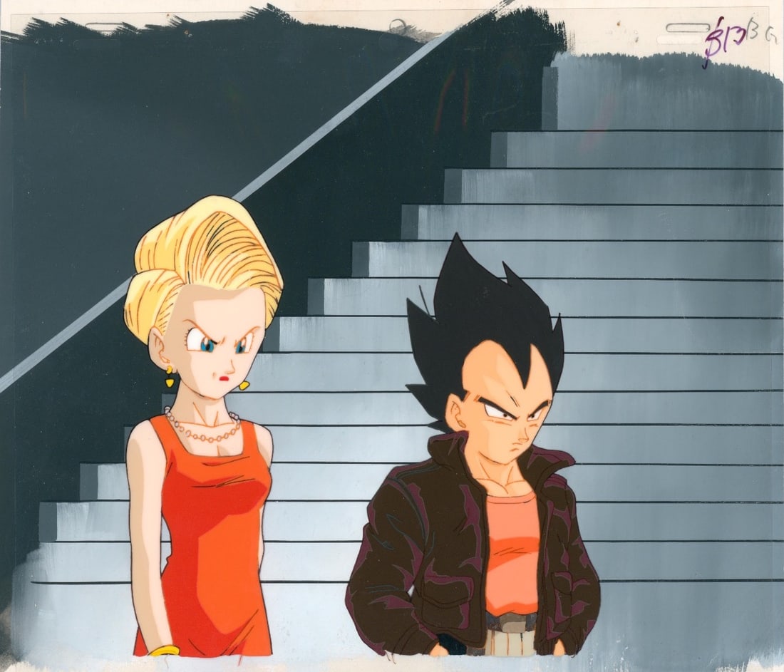 Dragon Ball Z Bulma and Vegeta Hand-painted cell sheet used in the production of the Dragon Ball Z: Dragon Ball ZBulma and VegetaHand-painted cell sheet used in the production of the Dragon Ball Z anime, based on the work of Akira Toriyama. Executed in ink and gouache on an original gouache backgrou