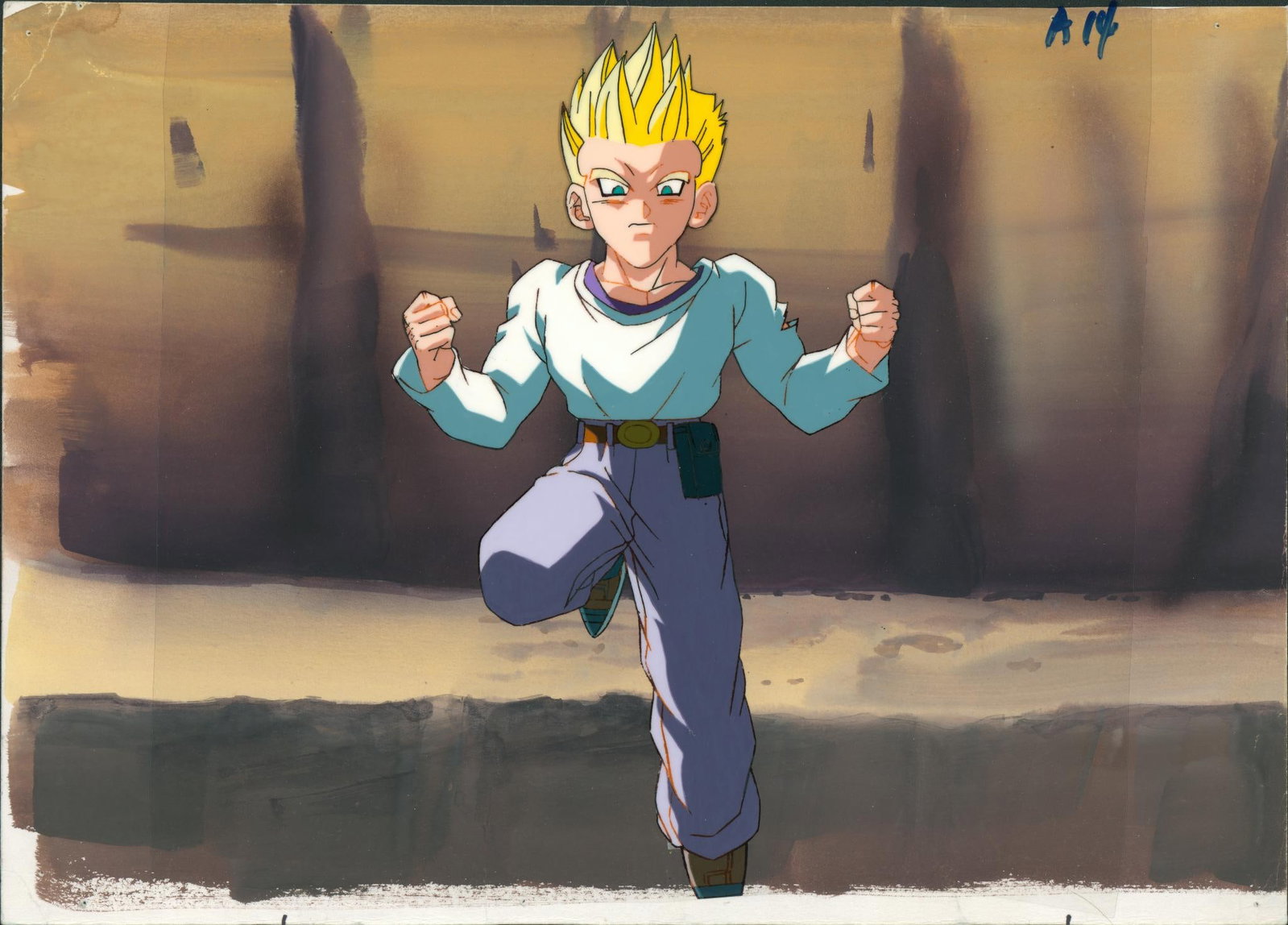Dragon Ball GT Son Goten Hand-painted cell sheet used in the production of the Dragon Ball Z anime,: Dragon Ball GT Son GotenHand-painted cell sheet used in the production of the Dragon Ball Z anime, based on the work of Akira Toriyama. Executed in ink and gouache on an original gouache background.Pr