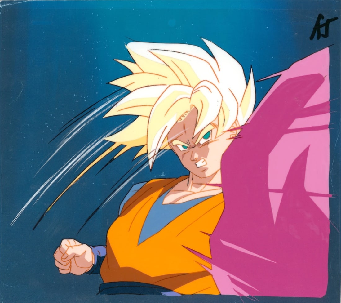Dragon Ball Z Son Goku (Super Saiyan) Hand-painted celluloid sheet used in the production of the: Dragon Ball ZSon Goku (Super Saiyan)Hand-painted celluloid sheet used in the production of the Dragon Ball Z anime, based on the work of Akira Toriyama. Executed in ink and gouache on an original goua