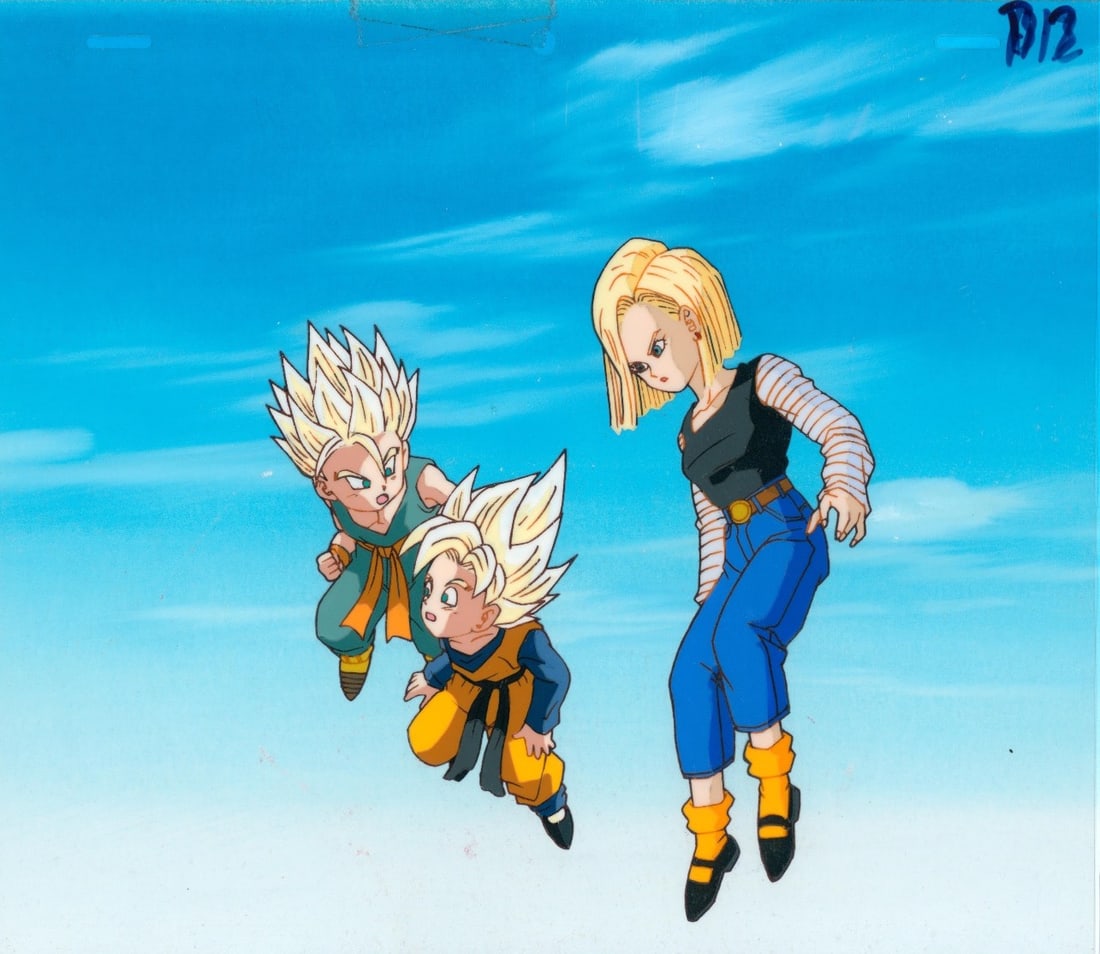 Dragon Ball Z Son Goten, Trunks, and C-18 Hand-painted cell sheet used in the production of the: Dragon Ball ZSon Goten, Trunks, and C-18Hand-painted cell sheet used in the production of the Dragon Ball Z anime, based on the work of Akira Toriyama. Executed in ink and gouache on an original gouac