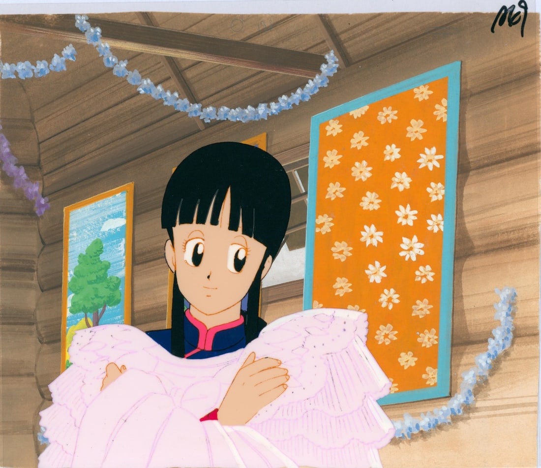 Dragon Ball Chi-Chi in a wedding dress Hand-painted celluloid sheet used in the production of the: Dragon BallChi-Chi in a wedding dressHand-painted celluloid sheet used in the production of the Dragon Ball anime, based on the work of Akira Toriyama. Executed in ink and gouache.Produced by Toei Ani