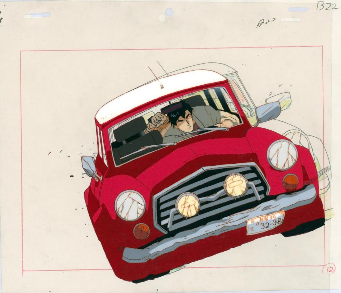 City Hunter Ryô Saeba in his red car Hand-painted celluloid sheet used in the production of the: City HunterRyô Saeba in his red carHand-painted celluloid sheet used in the production of the anime City Hunter, based on the manga by Tsukasa H?j?. Executed in ink and gouache. Associated animation 