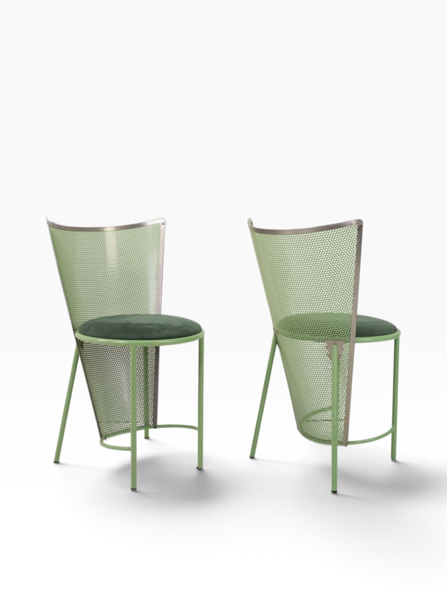 Frans Van Praet (born in 1940) Sevilla Pair of chairs Green-lacquered tubular metal frame; backrest: Frans Van Praet (born in 1940)SevillaPair of chairs Green-lacquered tubular metal frame; backrest and rear section made of curved, perforated sheet metal. Circular seat padded and upholstered in green