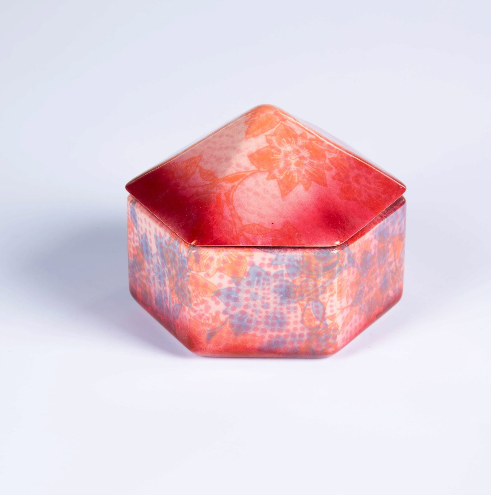 Heini Riitahuhta (born 1975) Suomen Kesä / Finnish Summer Hexagonal box, signed Light pink,: Heini Riitahuhta (born 1975) Suomen Kesä / Finnish SummerHexagonal box, signedLight pink, high-fire, through-dyed stoneware; the box consists of two parts: the lid and the containerScreen print / mon