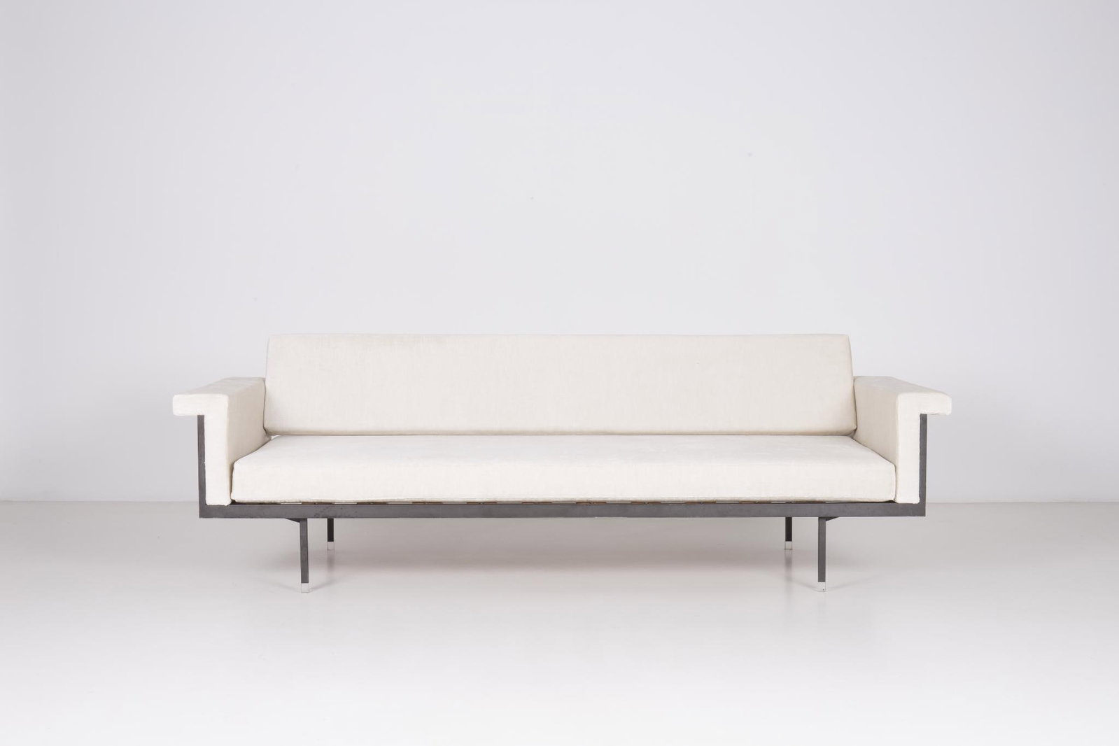 Kazuhide Takahama (1930–2010) Naeko Sofa bed Metal frame, linen velvet, polyurethane foam, wood, (1 of 3)