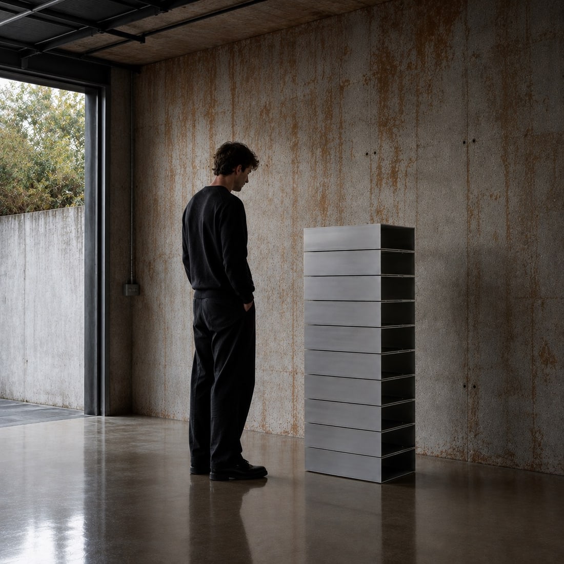 HEIM + VILADRICH STACK Shelf Polished Aluminum H125 L60 D30 cm Approx. 60 kg Limited edition of 50: HEIM + VILADRICHSTACKShelfPolished AluminumH125 L60 D30 cmApprox. 60 kgLimited edition of 50 piecesHEIM + VILADRICHSTACK? Shelf / Storage UnitAn architectural structure composed of stacked aluminum mo