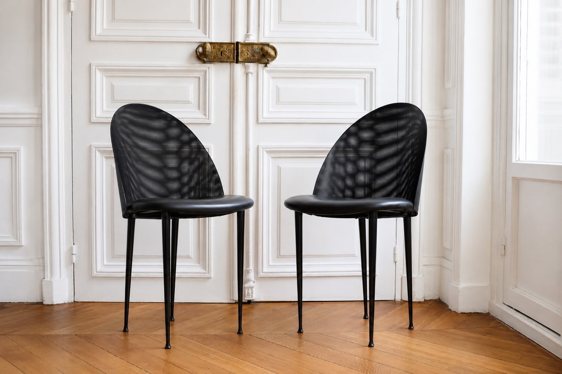 Pascal Mourgue (1943–2014) Atlantique Two chairs Black-lacquered tubular metal base, (1 of 10)