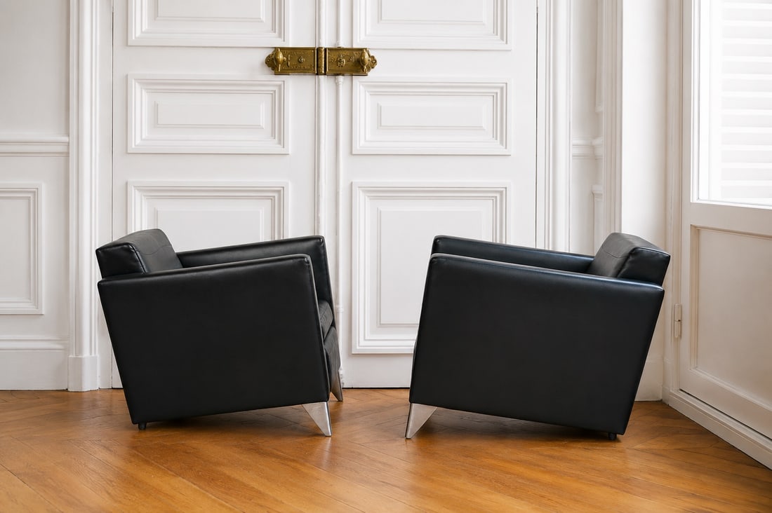 Philippe Starck (born in 1949) Len Niggelman Pair of armchairs Wooden frame padded with foam and (1 of 2)