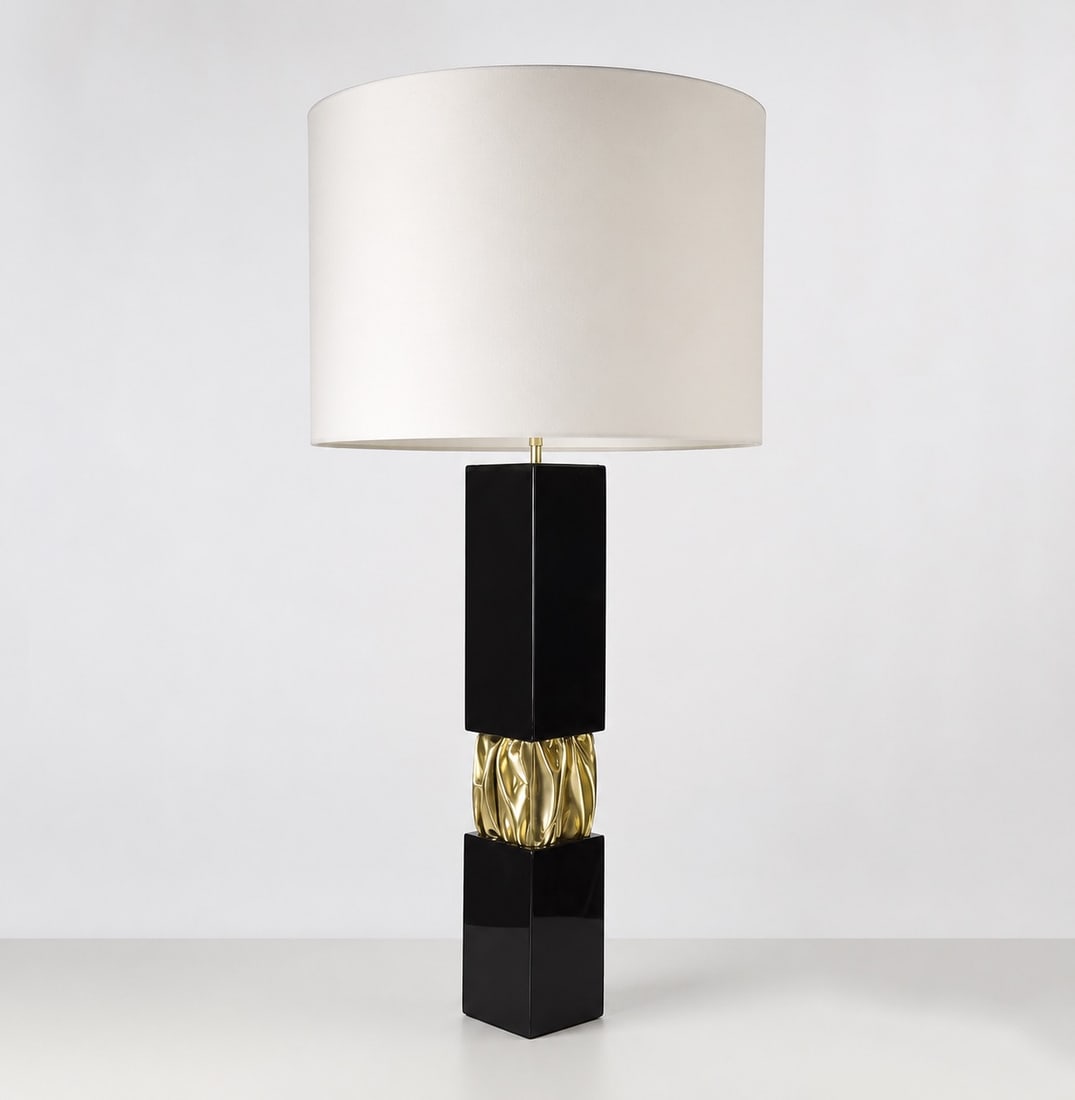 Jacques Moniquet (born in 1933) Lamp Black-lacquered wood & pleated brass (each pleat is (1 of 4)