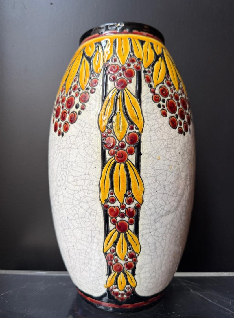Charles CATTEAU Bunch of grapes Vase Spherical shape Yellow and black glaze on a white crackled (1 of 3)