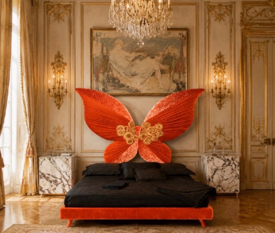 *Carla Tolomeo Butterfly Headboard Pierre Frey velvet One-of-a-kind piece Year created: 2009: *Carla TolomeoButterflyHeadboardPierre Frey velvetOne-of-a-kind pieceYear created: 2009Additional fees: reduced VAT rate of 5.5%
