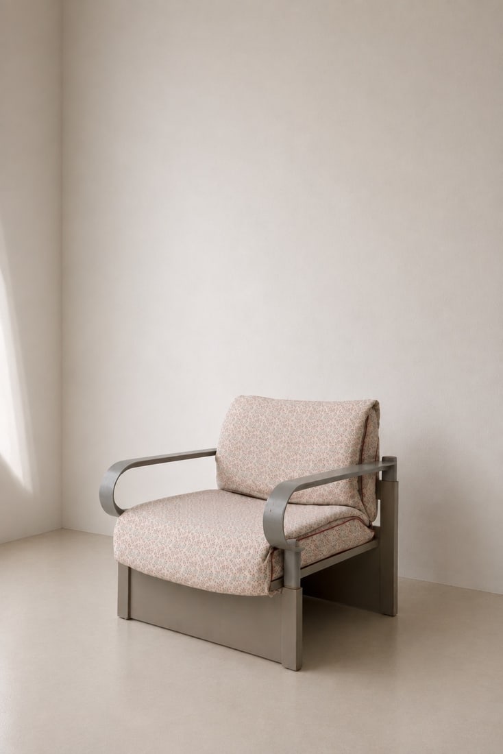 Peter Heuvelmans Folding armchair Gray-stained wood, metal, foam, and woven fabric Prototype: Peter Heuvelmans Folding armchairGray-stained wood, metal, foam, and woven fabricPrototypeNetherlands, late 20th centuryH77 W89 D72 cm; seat height 40 cmA label marked “ARCA” is attached to th