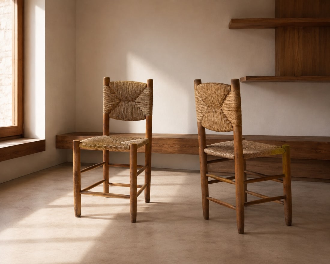 Charlotte Perriand (1903–1999) No. 19 Two chairs Natural beech, straight back with straw seating: Charlotte Perriand (1903–1999) No. 19Two chairsNatural beech, straight back with straw seatingDate of creation: 1939H82 W42.5 D42 cmAn iconic design by Charlotte Perriand, Chair No. 19 exemplifies h