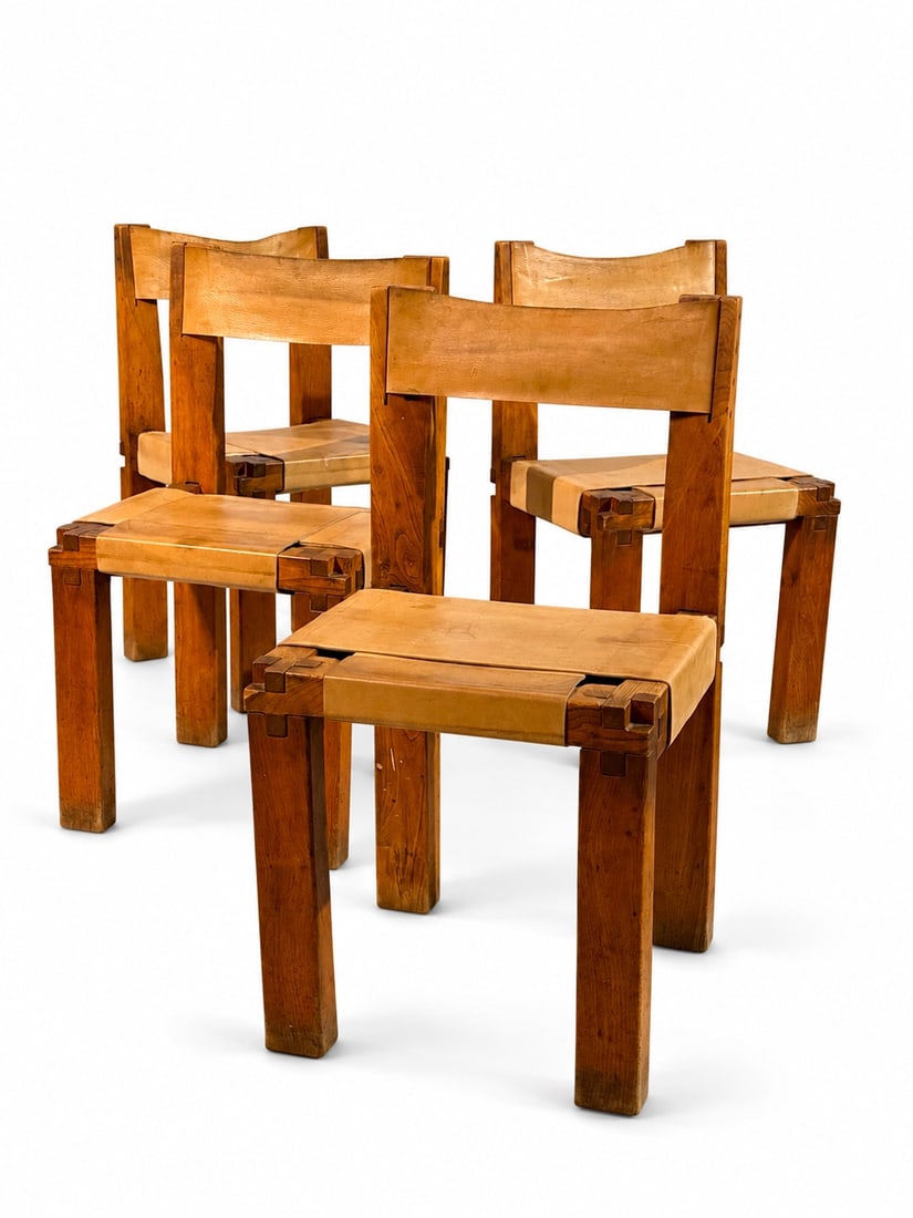 Pierre Chapo (1927–1987) Set of 4 S11 chairs Elm and leather 1965 H78 L43 P43 cm Leather replaced (1 of 4)