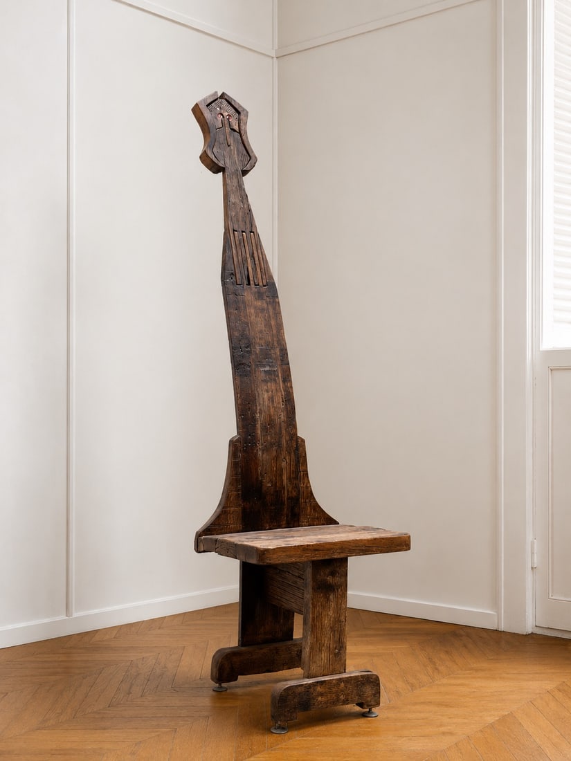 Luciano Bertolotto Brutalist chair with figurative backrest Alpine pine and chestnut, assembled (1 of 4)