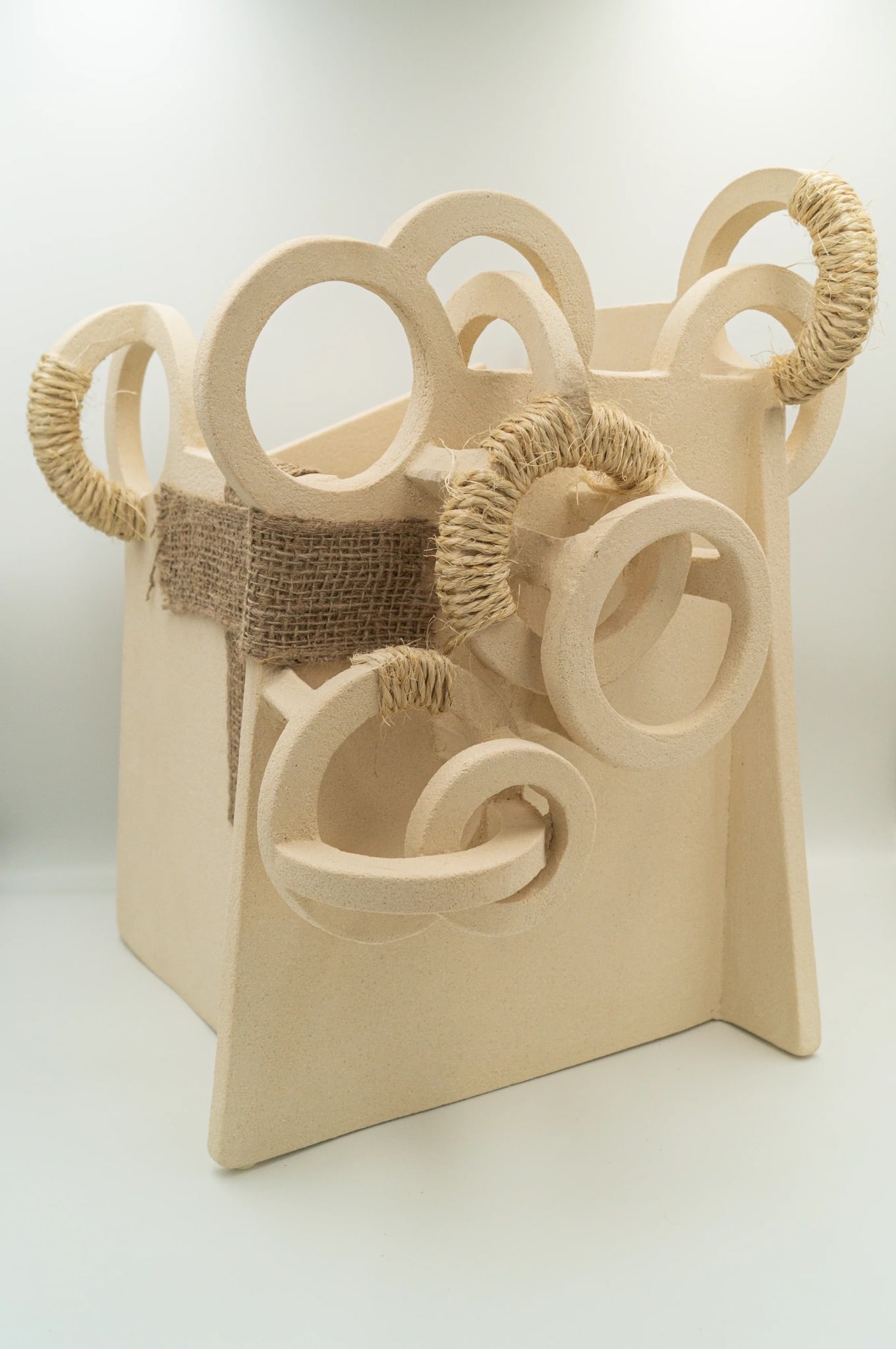 Pedro Galdon Space of Silence 9 Stoneware assembled in slabs. Natural sisal rope Fired at 1200 °C: Pedro GaldonSpace of Silence 9Stoneware assembled in slabs.Natural sisal ropeFired at 1200 °CH30 W30 D40 cmOne-of-a-kind piece