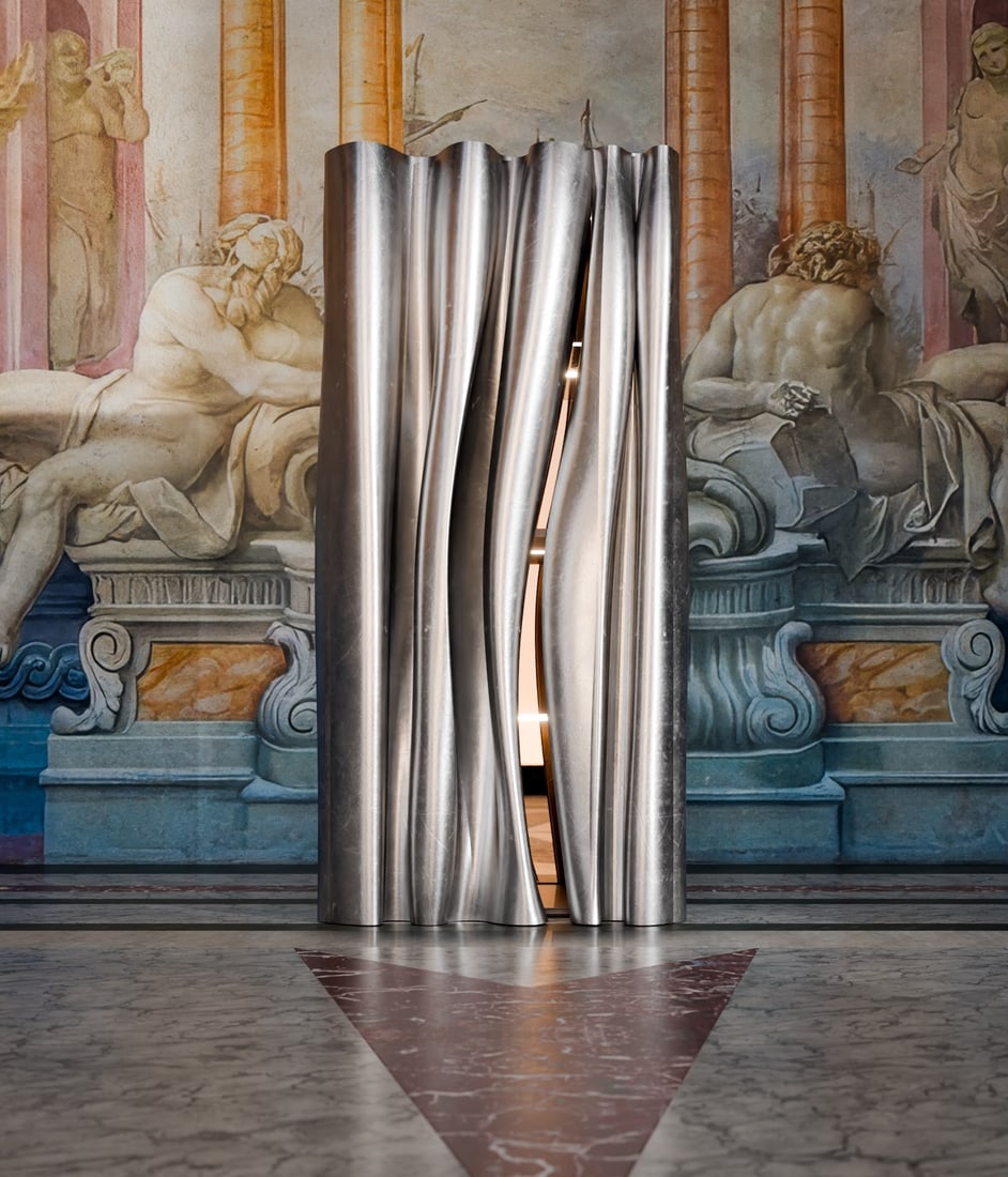FM Design - Francesco Messina Siparo Bar cabinet Wood and silver plated metal Limited and numbered: FM Design - Francesco MessinaSiparoBar cabinetWood and silver plated metalLimited and numbered edition 1/8Date of creation: 2026H 180 L 90 D 60 cm