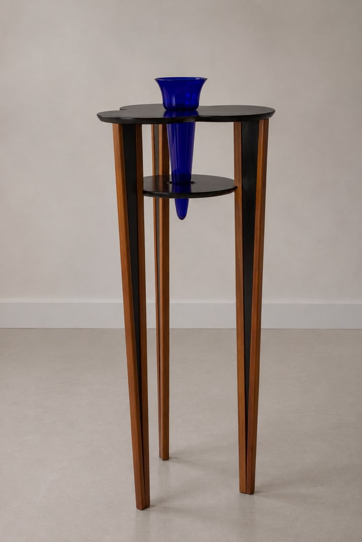 Bo?ek Šípek (1949–2016) Large vase stand with signed blue glass vase Wood, composite material: Bo?ek Šípek (1949–2016) Large vase stand with signed blue glass vaseWood, composite material with a dark finish, and hand-blown glassNetherlands / Czech Republic, late 20th centuryStool dimensions