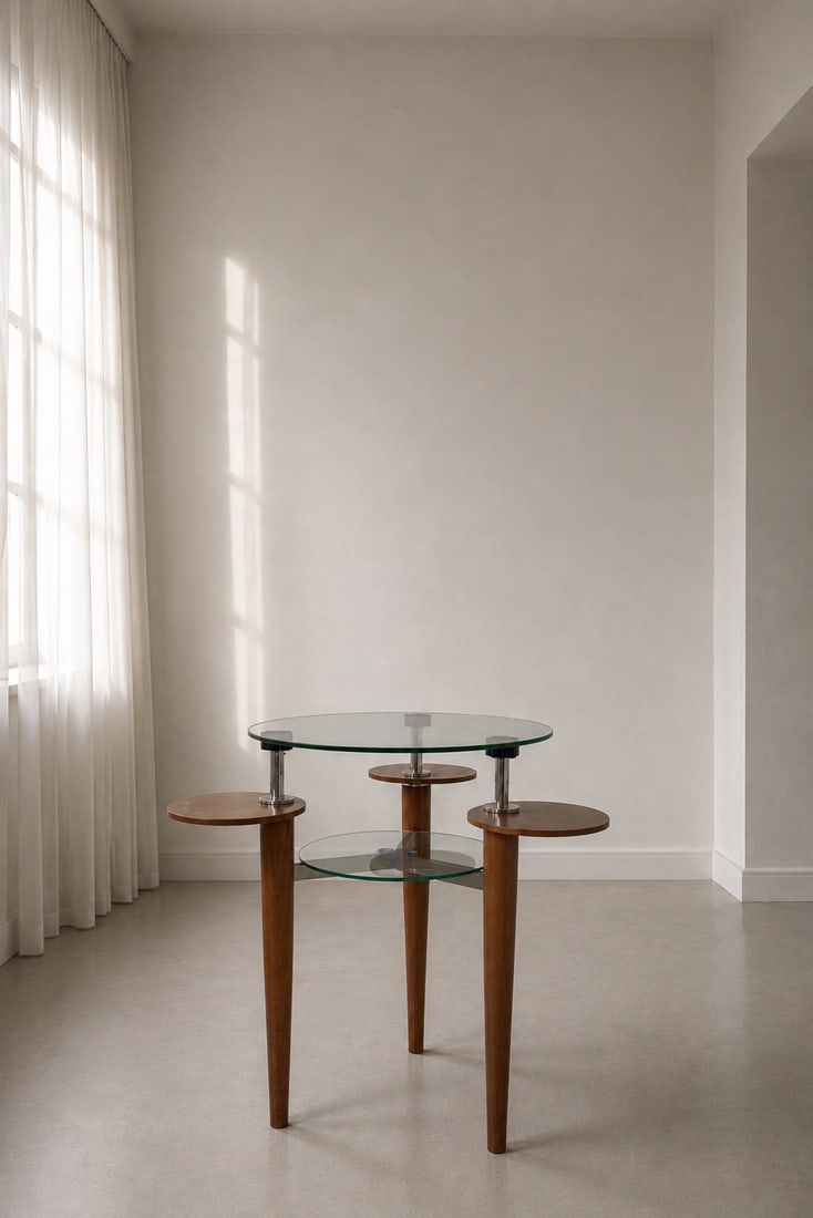 Bo?ek Šípek (1949–2016) Prieda Table Mahogany, aluminum, glass, blue glass, and pewter inlays: Bo?ek Šípek (1949–2016)Prieda Table Mahogany, aluminum, glass, blue glass, and pewter inlaysScarabas EditionBelgium, circa 1990H73 Ø60 cmIn very good original vintage condition, showing only slig