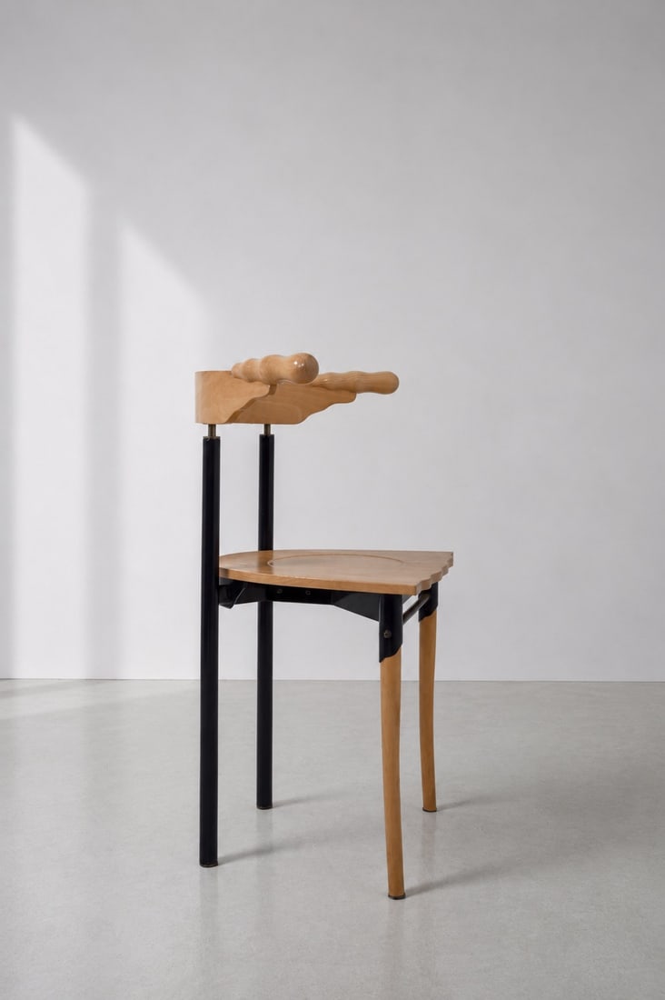 Bo?ek Šípek (1949–2016) Jansky Chair Wood and tubular steel painted purple Driade Edition: Bo?ek Šípek (1949–2016) JanskyChairWood and tubular steel painted purpleDriade EditionItaly, 1986H80 W60 cm, seat height 47 cmIn excellent original vintage condition, showing only very slight sign