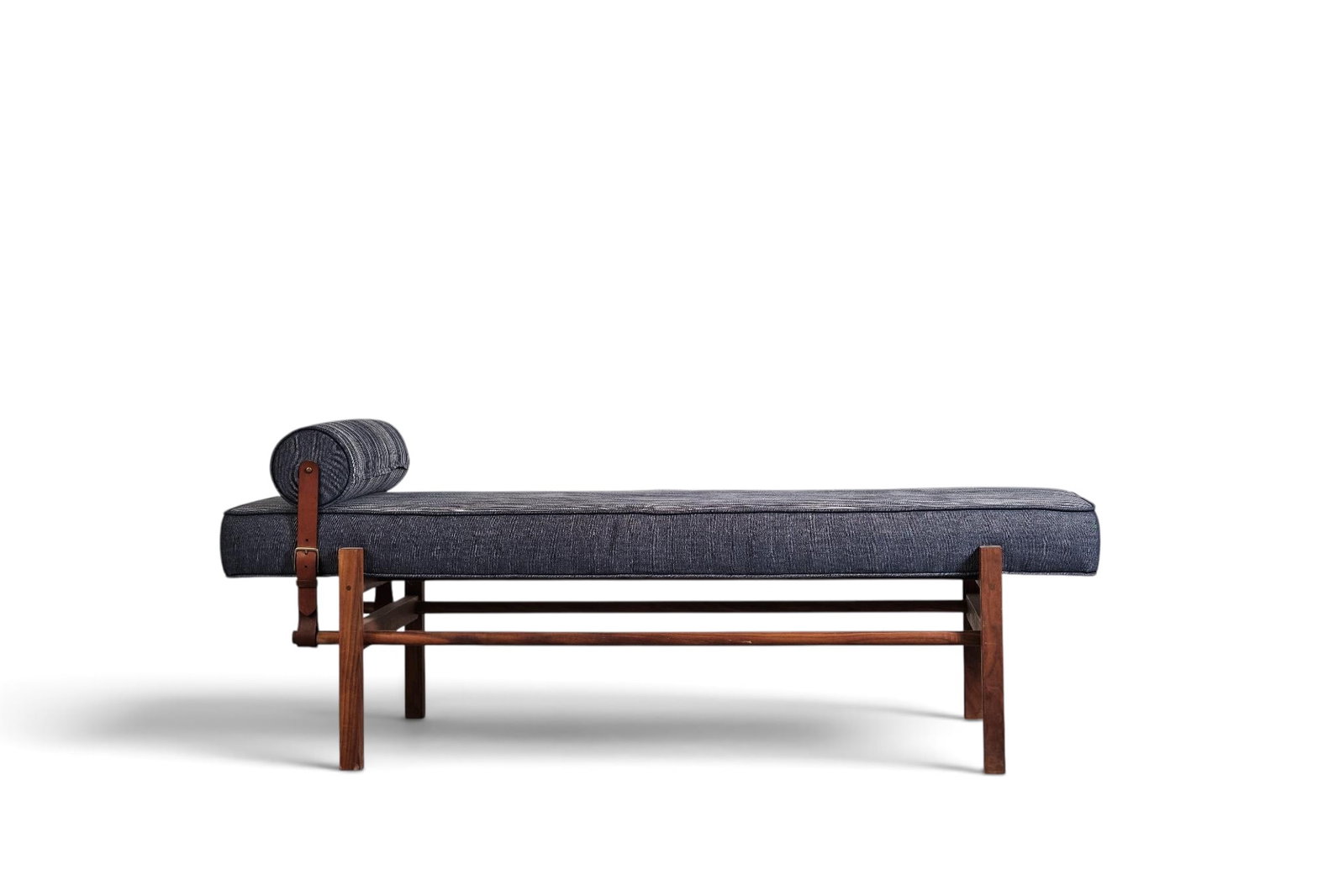 Nico Guevara Daybed Bench Oiled walnut, ikat cotton, linen, vegetable-tanned leather, brass, and (1 of 8)