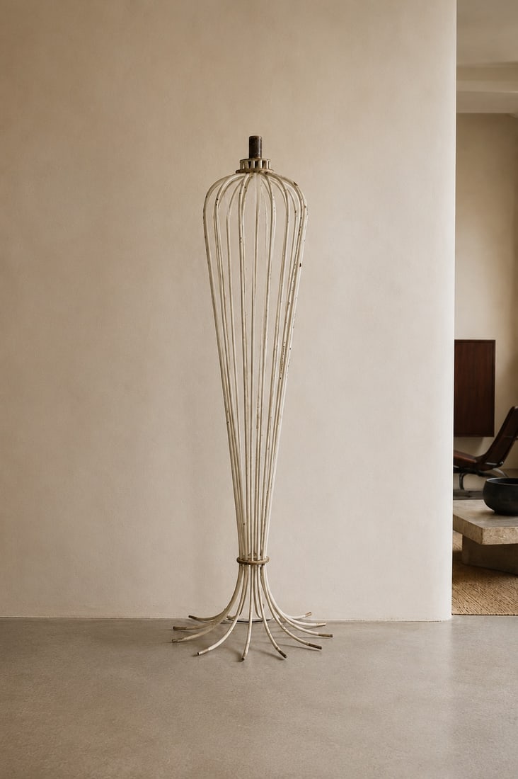 FRENCH WORK Floor Lamp France, circa 1951 H 147, D (to the floor) 51 cm Condition as shown in the: FRENCH WORKFloor LampFrance, circa 1951H 147, D (to the floor) 51 cmCondition as shown in the photographs. Wear, small chips, and oxidation on the lacquer, all contributing to the piece’s overall pa