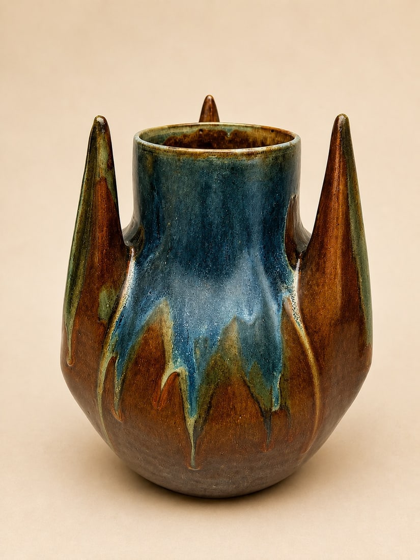 Gilbert Méténier (1876–after 1940) Art Deco sculptural vase with three points Glazed stoneware: Gilbert Méténier (1876–after 1940) Art Deco sculptural vase with three points Glazed stoneware Signed on the base Date of creation: circa 1925–1935 H22 cm Condition: Excellent overall condition,