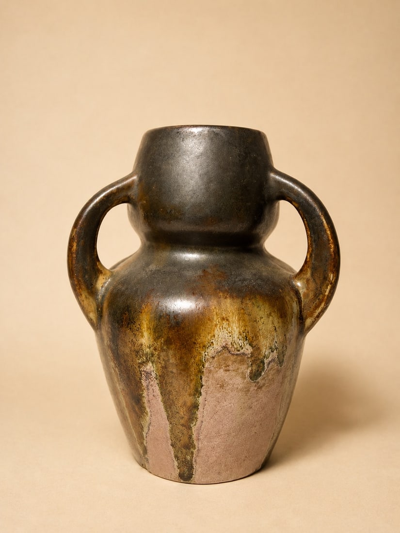 Gilbert Metenier (1976–1940) Double-gourd vase with three bulges, made of flamed stoneware, with: Gilbert Metenier (1976–1940)Double-gourd vase with three bulges, made of flamed stoneware, with brown streaks on a pale pink background.Ink stamp signature H 16 cm
