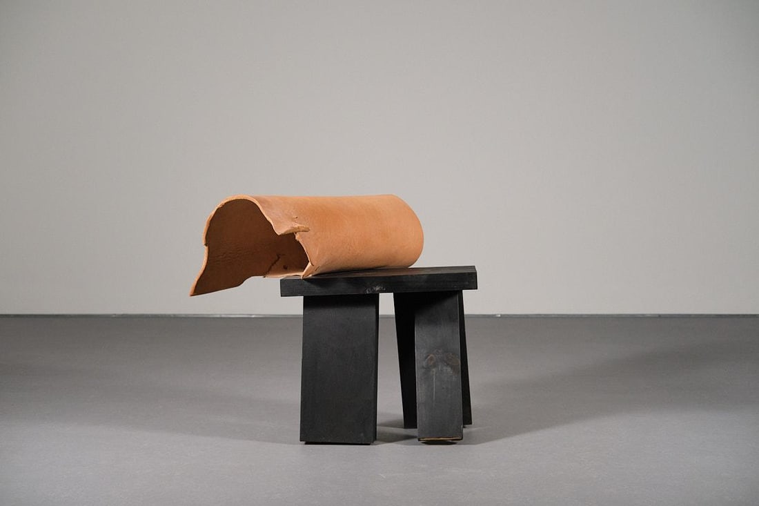 Jordi Ribaudí (born in 1968) Mimesis 2 Sculptural furniture Finnish pine, buffalo leather: Jordi Ribaudí (born in 1968)Mimesis 2Sculptural furnitureFinnish pine, buffalo leatherOne-of-a-kind pieceDate of creation: 2020H118 L84 P60 cmThrough the mediums he knows and masters—material, form
