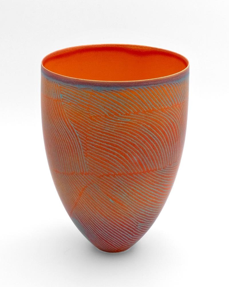 Pippin Drysdale (born 1943) Salt Spoon Vase Glazed porcelain with red stripes on a blue background (1 of 1)