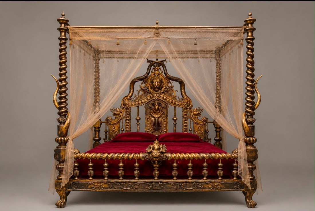Michel Haillard (born in 1959) Morpheus Collapsible bed Gilded wood, kudu horns and kudu bone,: Michel Haillard (born in 1959)MorpheusCollapsible bedGilded wood, kudu horns and kudu bone, bronze. Mattress and mosquito net. H200 L200 P220 cm
