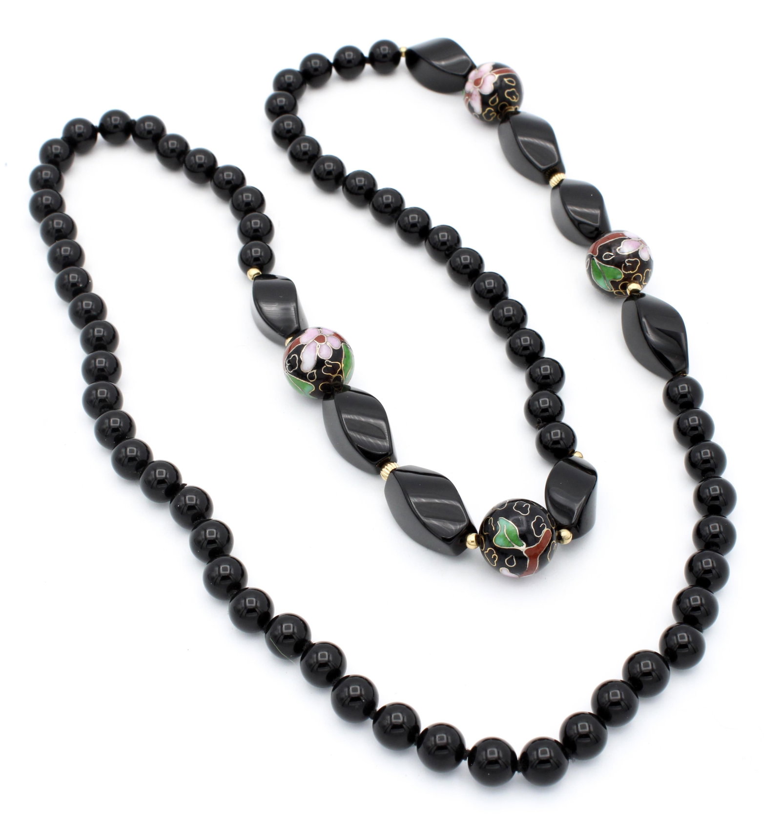 Vintage Black Onyx and Cloisonne Necklace: Vintage Black Onyx and Cloisonne Necklace Black onyx beads with 14kt gold spacer beads and four large cloisonne beads. 28" long, no clasp.