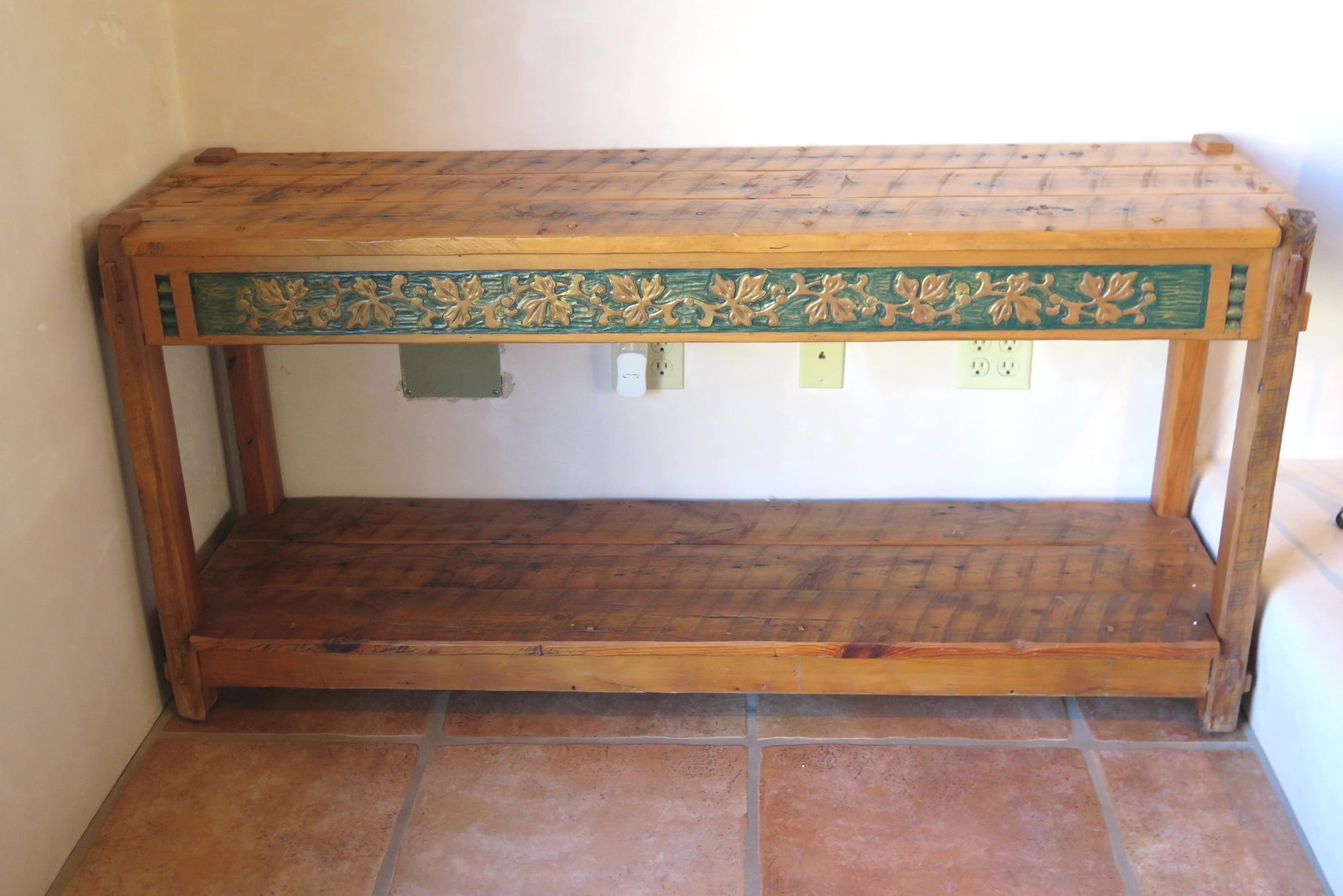 David Marsh Chip Carved Pine Console Table: Hand carved panels of stylized oak leaves and acorns on three sides with green rough planed, three plank dado top and shelf. Mortise & tenon and peg construction.