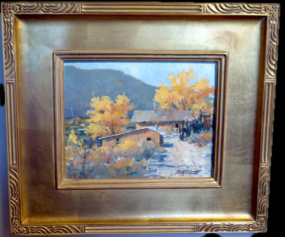 Cletus Smith "Truchas Autumn": Smith is a painter of romantic southwest USA scenes, and this landscape with it's crumbling adobes is true to form. A Millicent Rogers 2014 Miniature Sale piece. Artist bio and title on verso. SOP 8x1