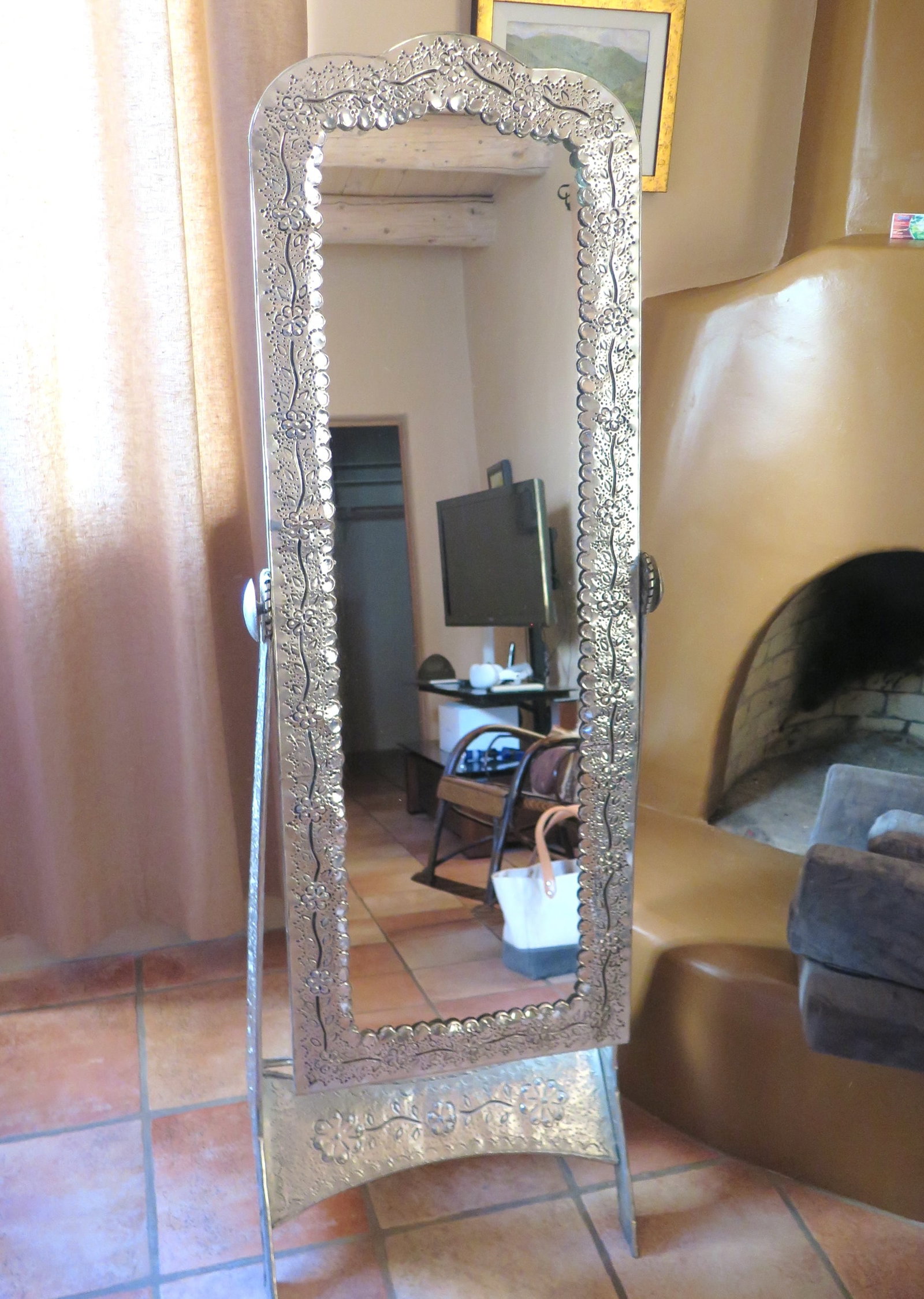 Mexican Hand Hammered Tin Cheval Floor Mirror: Swivel stand. In very good condition - ready for the dressing room.
