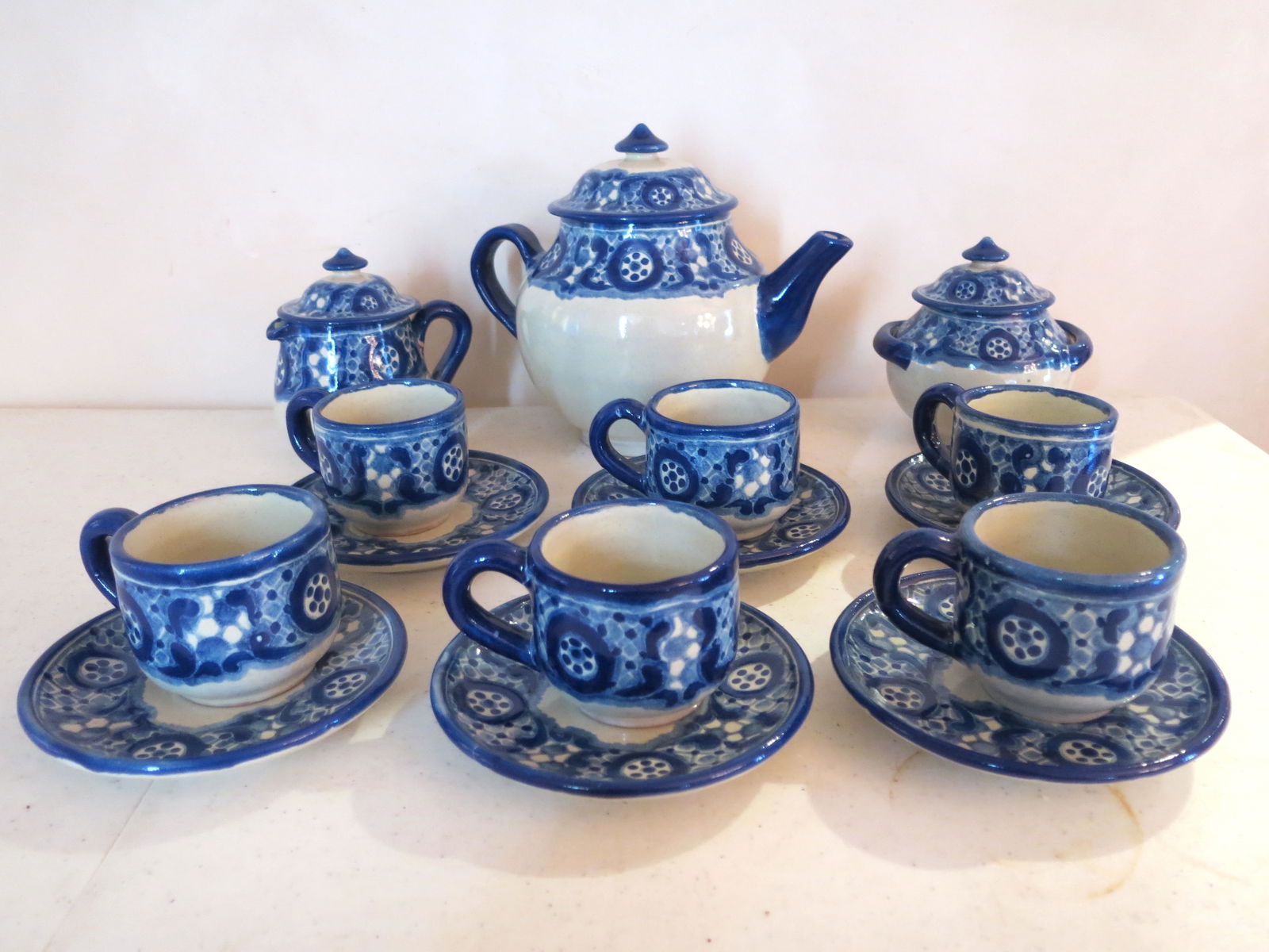 Vintage Talavera Tea Set: 18 Pieces 6 Cups and Saucers, Pot, Cream, Sugar