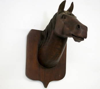 Hand Carved and Mounted Wood Horse Head: Hand carved and mounted, a lovely folk art wall hanger for the horse person in your life.